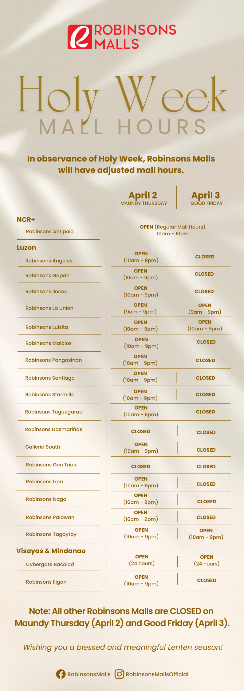 Holy Week Mall Hours 2026